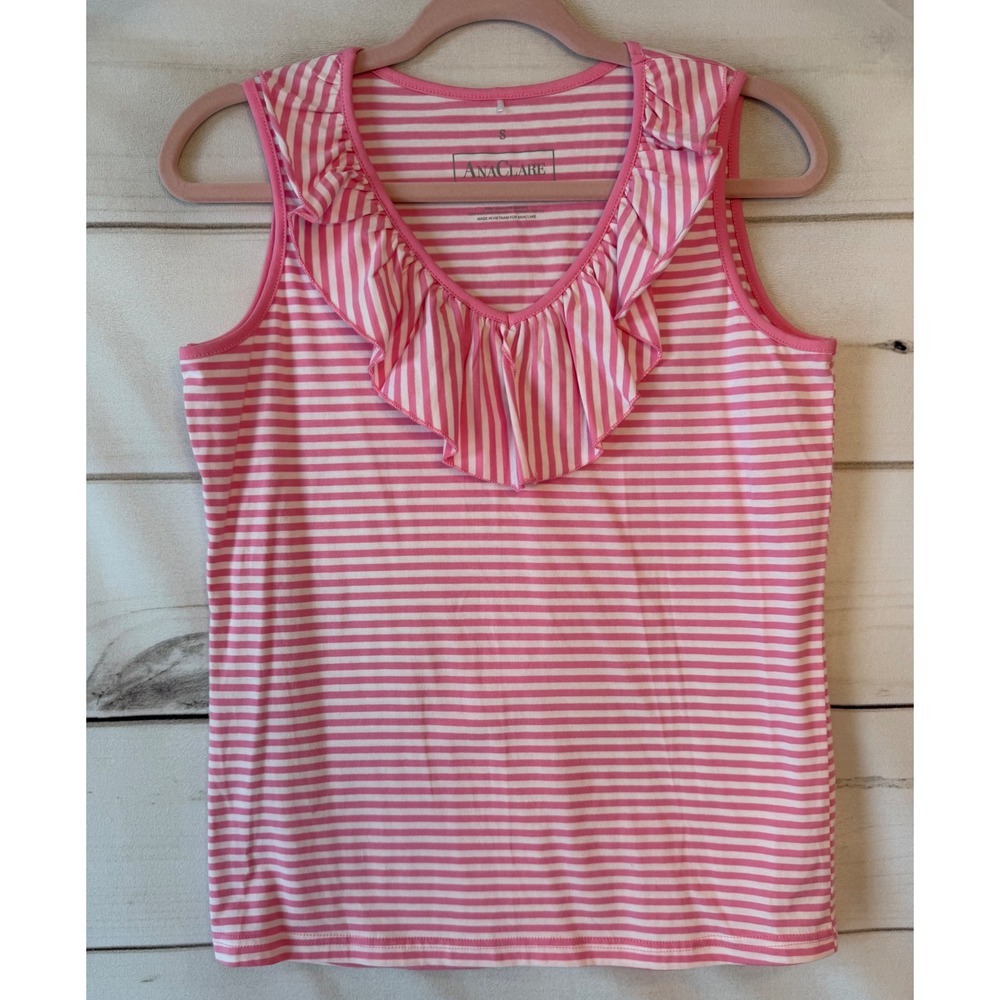 AnaClare Pink White Striped Ruffle V-Neck Tank Top Sleeveless Shirt Womens S
